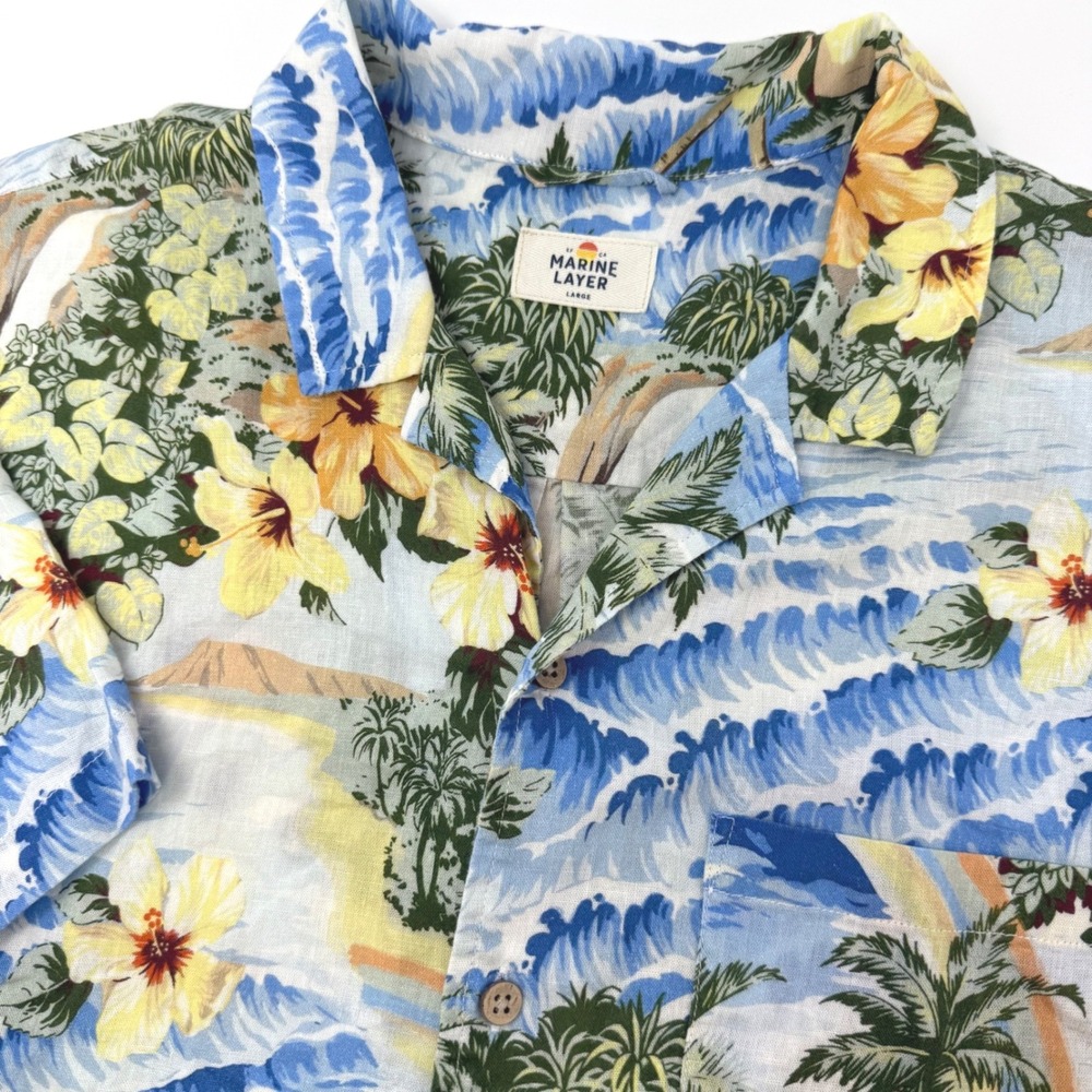 Marine Layer Mens Large Tropical Tencel Linen Short Sleeve Button Down Shirt
